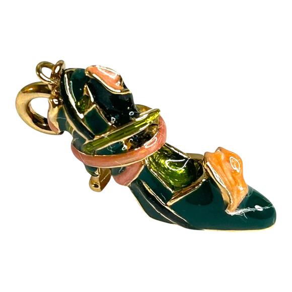 Kenneth Jay Lane (KJL) Calla Lily Enamel High Heel Shoe Charm Green Pink Gold - Picture 5 of 8